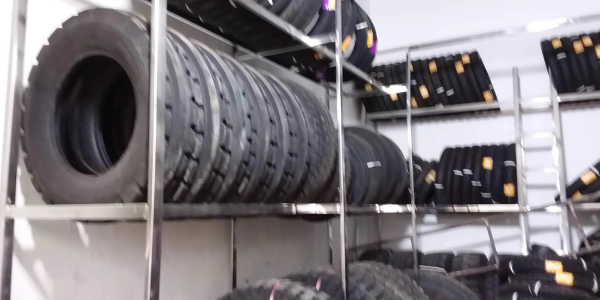 Rubber tyres stored in storage racks